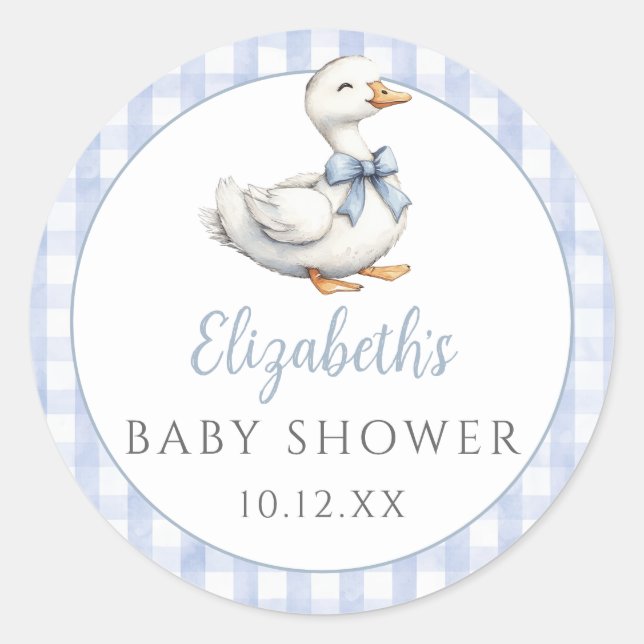 Albern Little Gose Blue Gingham Baby Dusche Runder Aufkleber (Vorderseite)
