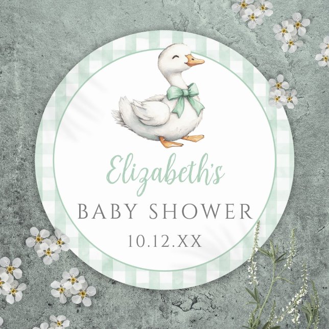 Albern Little Gose Green Gingham Baby Dusche Runder Aufkleber (Silly Little Goose Green Gingham Baby Shower Classic Round Sticker)