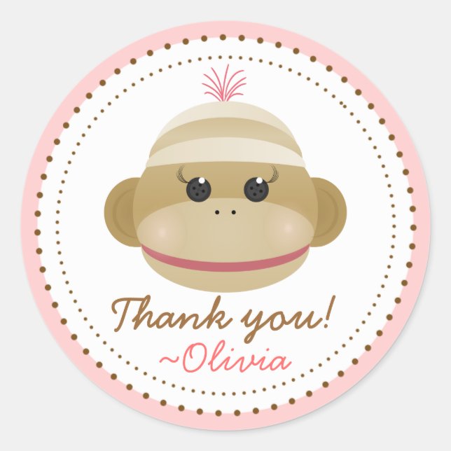 Albern Sock Monkey Girl Personalisiert Gefallen St Runder Aufkleber (Vorderseite)