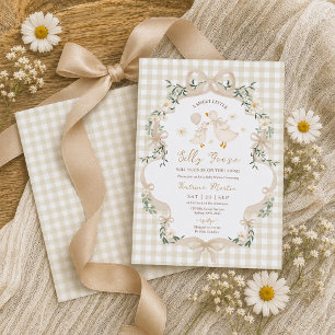 Alberne Gans Beige Schleife Gingham Neutrale Babyp Einladung