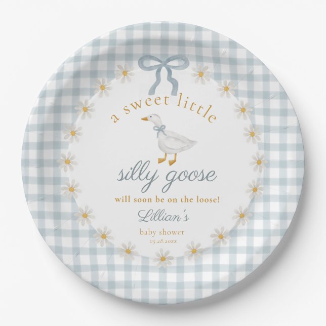 Alberne Gans Blaue Schleife Daisy Gingham Baby Sho Pappteller (Vorderseite)