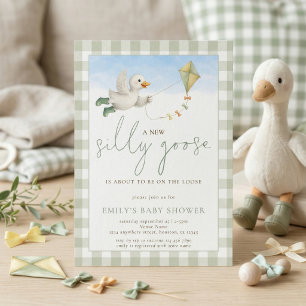 Alberne Gans Drachen Salbei Gingham Babyparty Einladung