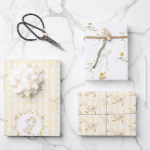 Alberne Gans Gelbe Gingham Wildblumen Baby Shower Geschenkpapier Set