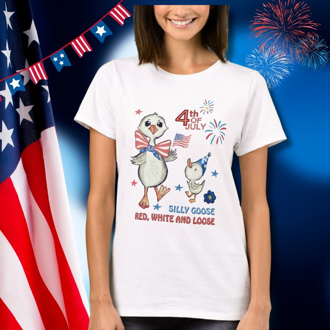 Alberne Gans mit Flag & Bow 4. Juli T - Shirt ( Silly Goose with Flag & Bow 4th of July T-Shirt )