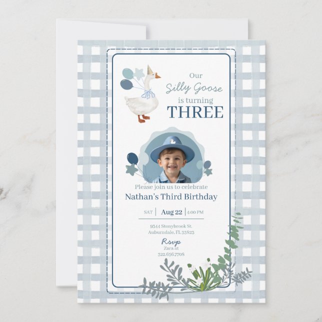Alberne Gänse Geburtstag jedes Alters Blaues Foto Einladung (Vorderseite)