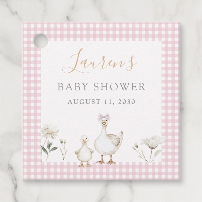 Alberne Gänse Whimsical Pink Bow Baby Dusche Geschenkanhänger (Vorderseite)