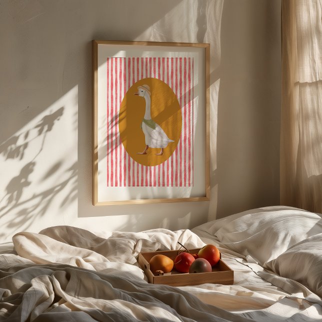 Alberne Gänsehaut - Rote Streifen Poster (Framed Funny Silly Goose watercolor nursery print on wall above bed with fruit tray.)
