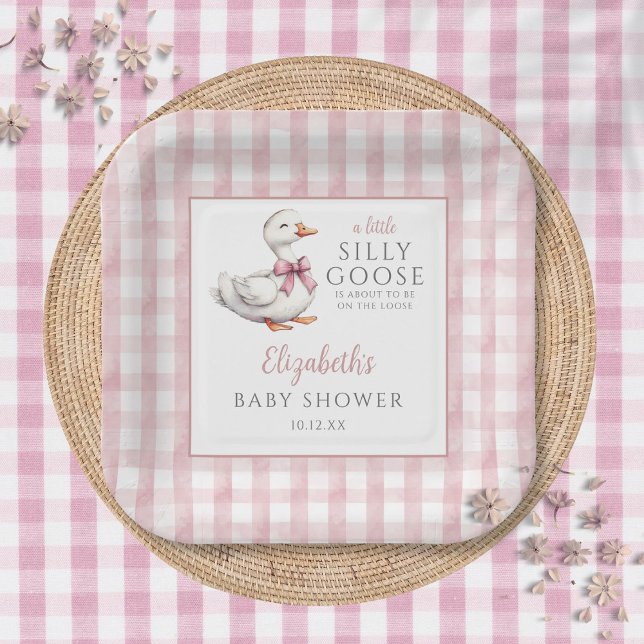 Alberne Gänsepink Gingham Baby Dusche Pappteller (Silly Little Goose Pink Gingham Baby Shower Paper Plates)