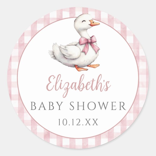 Alberne Gänsepink Gingham Baby Dusche Runder Aufkleber (Vorderseite)
