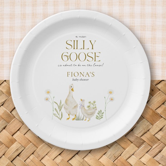 Alberne Gänsewasserfarbe Neutrale Babydusche Pappteller (Silly Goose Baby Shower Theme Custom Paper Plates with Greenery Daisy Beige Gender Neutral Minimal)