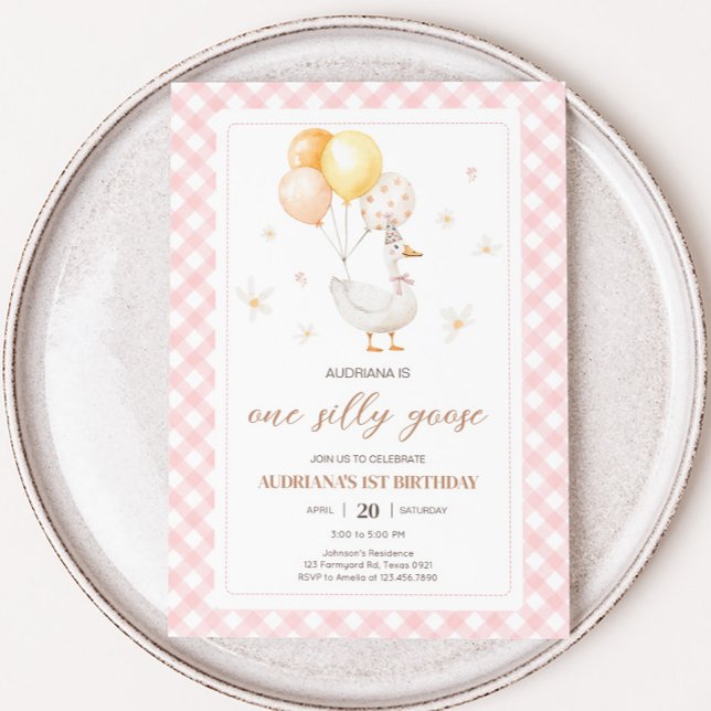 Alberne Gogham Gingham Birthday Party Einladung (Pink Gingham Silly Goose Birthday Party Invitation)