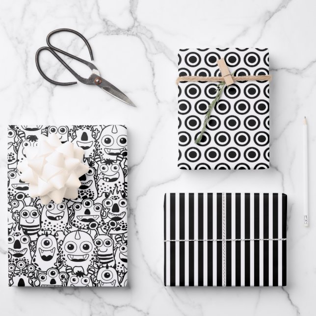 Alberne Schwarz-weiße Monster Geschenkpapier Set (Vorderseite)
