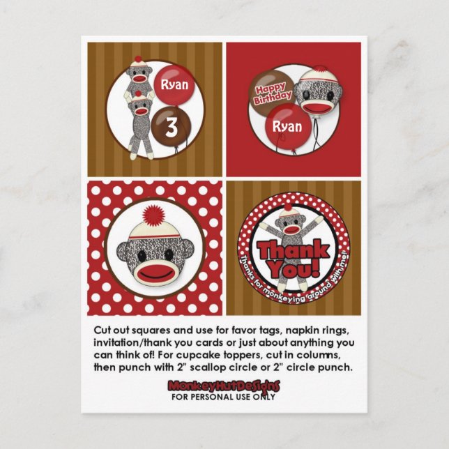 Alberne SOCK MONKEY Geburtstag Cupcake Topper SMR. Postkarte (Vorderseite)