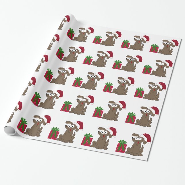 Alberner Cartoon Hund in einer Weihnachtsmannmütze Geschenkpapier (Ungerollt)