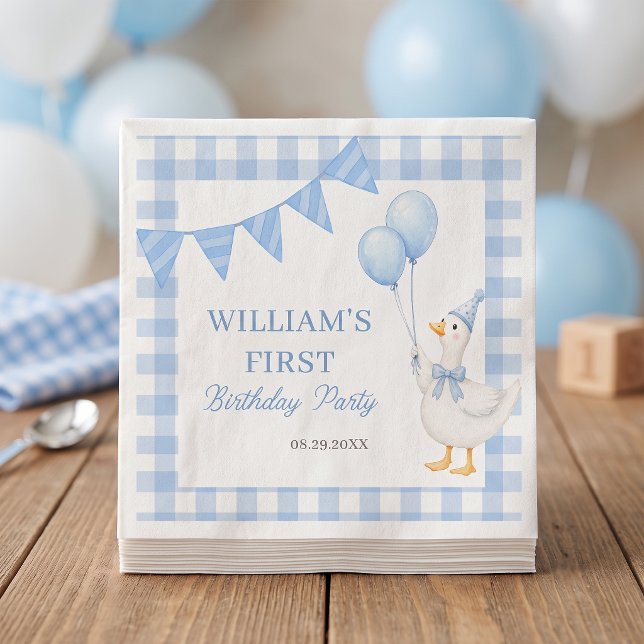Alberner Gänseblauer Gingham-Jungen-Geburtstag Serviette (Von Creator hochgeladen)