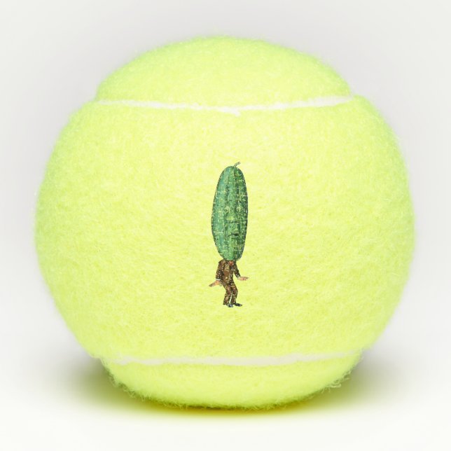 Alberner Mann Big Green Pickle Head in Brown Anzug Tennisbälle (Vorderseite)