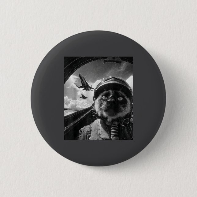 Albernes Flugzeug Katze Jet Pilot Selfie Siamese K Button (Vorderseite)
