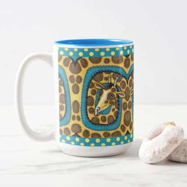 ALBERNES GIRAFFE LANGE NACKE UND SPOTS, FUNNY FOLK ZWEIFARBIGE TASSE (Mit Donut)