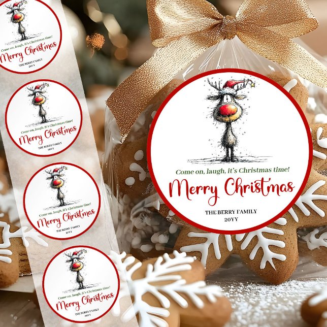 Albernes skurriles Rentier-Sticker rot grün Charme Runder Aufkleber (Goofy whimsical reindeer sticker red green charm

)