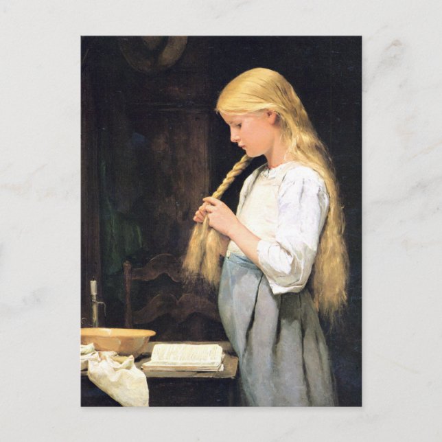 Albert Anker, Mädchen die Haare flechtend Postkarte (Vorderseite)