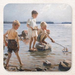 Albert Edelfelt - Jungen spielen am Ufer Rechteckiger Pappuntersetzer