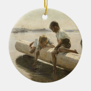 Albert Edelfelt - Zwei Jungen auf einem Baumstamm Keramik Ornament