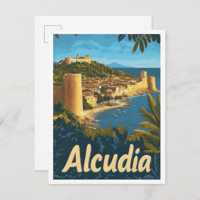 Alcudia Spain Vintage Travel Illustration Postkarte (Vorne/Hinten)