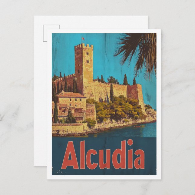 Alcudia Spain Vintage Travel Illustration Postkarte (Vorne/Hinten)