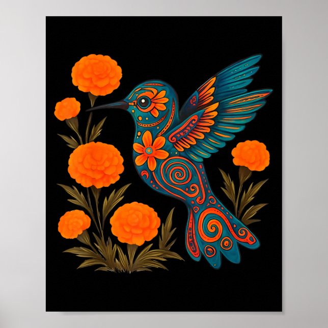Alebrije Hummingbird Flower Mexican Folk Art Bird  Poster (Vorne)