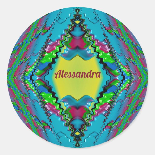 ALESSANDRA~ Schwarz Rosa Blau und Gelb Fraktal ~ Runder Aufkleber (Vorderseite)