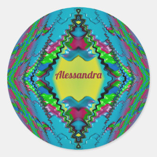 ALESSANDRA~ Schwarz Rosa Blau und Gelb Fraktal ~ Runder Aufkleber