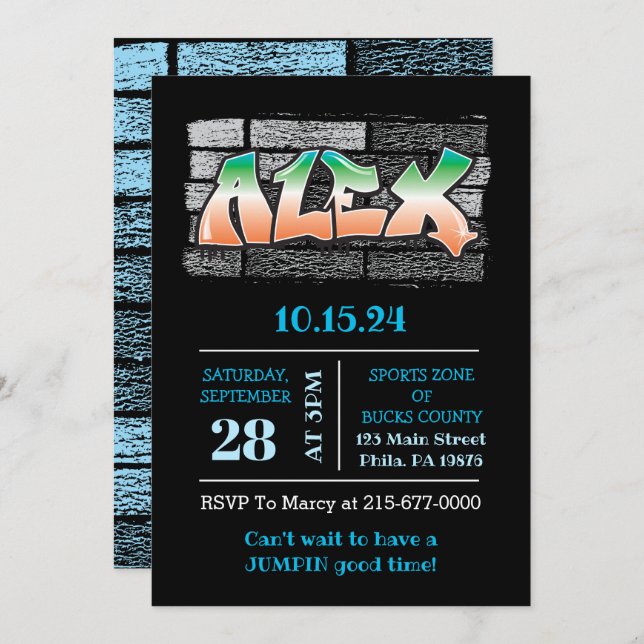 ALEX Ihr Name Graffiti Brick Wall Paint Spritzer Einladung (Vorne/Hinten)