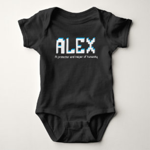 Alex-Jungen Name und Bedeutungspixeltext Baby Strampler