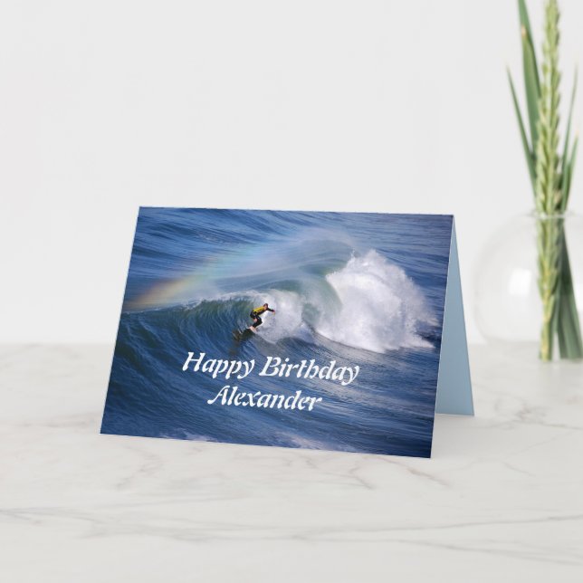 Alexander Happy Birthday Surfer mit Regenbogen Karte (Vorderseite)