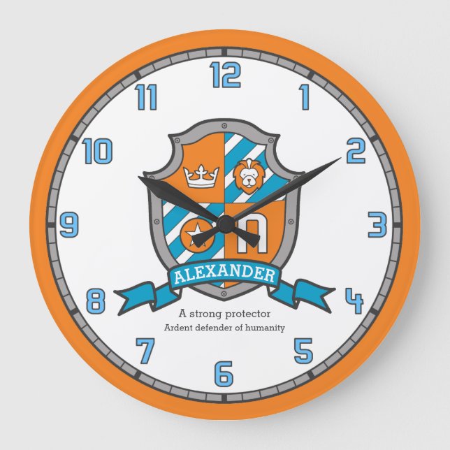 Alexander Jungs Name bedeutet Ritter Schild Orange Große Wanduhr (Vorderseite)