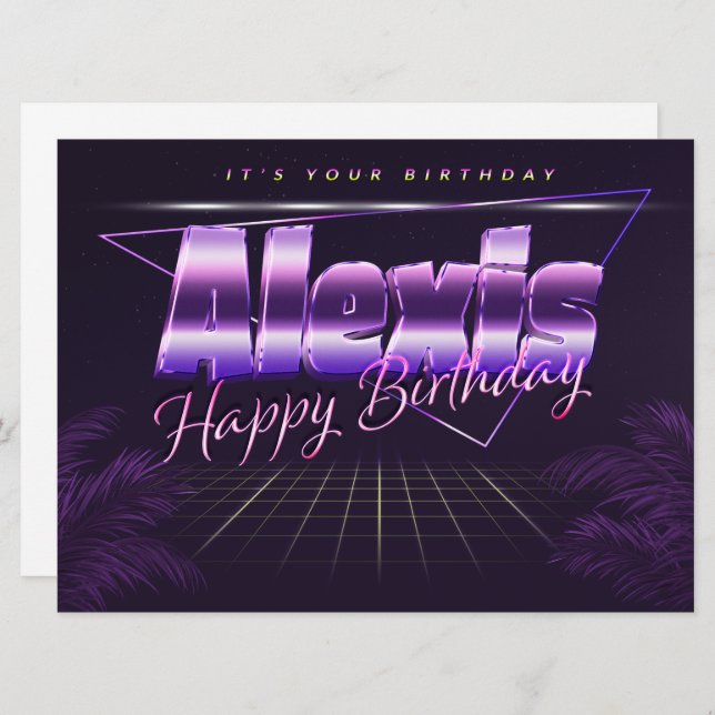 Alexis Name Vorname lila retro Karte Geburtstag (Vorne/Hinten)