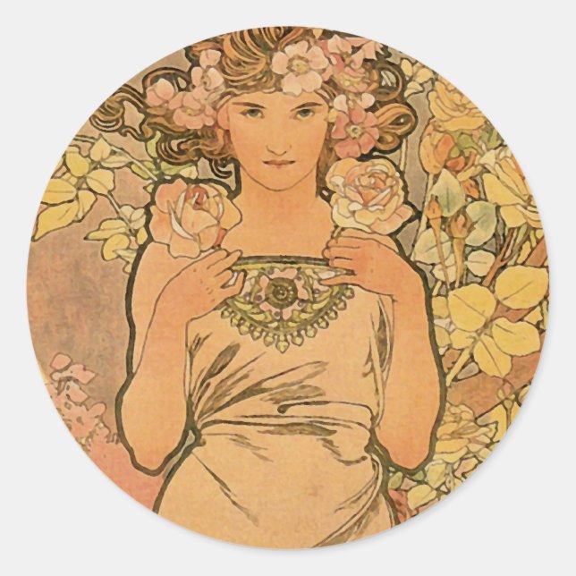 Alfons Mucha ~ Die Rose Runder Aufkleber (Vorderseite)