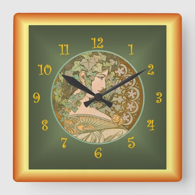 Alfons Mucha ~ Le Lierre 01 ~ Ivy ~ Art Nouveau Quadratische Wanduhr (Vorderseite)