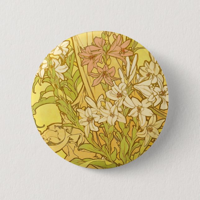 Alfonse Mucha Art Nouveau Lilien Blume Button (Vorderseite)