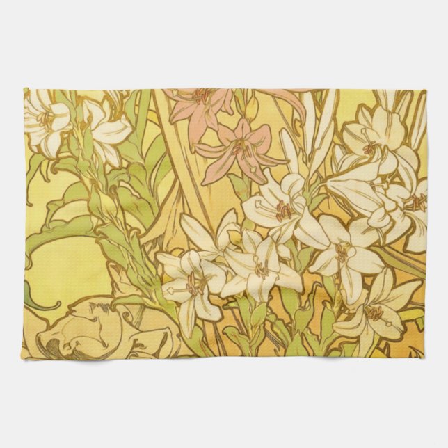 Alfonse Mucha Art Nouveau Lilien Blume Geschirrtuch (Horizontal)