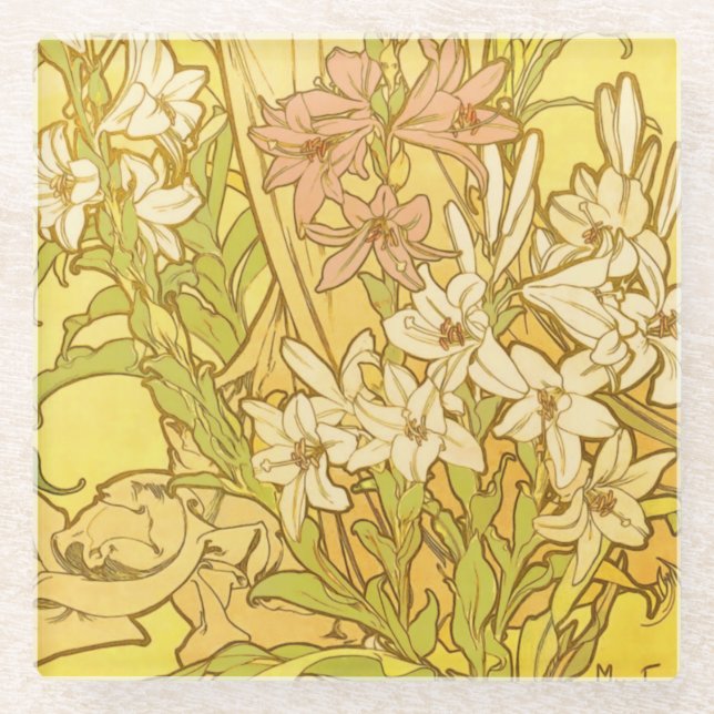 Alfonse Mucha Art Nouveau Lilien Blume Glasuntersetzer (Vorderseite)