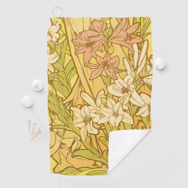 Alfonse Mucha Art Nouveau Lilien Blume Golfhandtuch (Insitu)