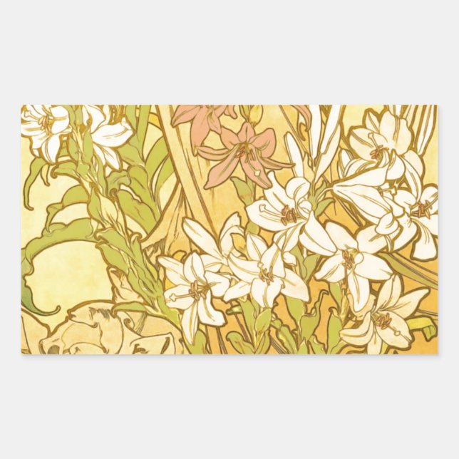 Alfonse Mucha Art Nouveau Lilien Blume Rechteckiger Aufkleber (Vorderseite)