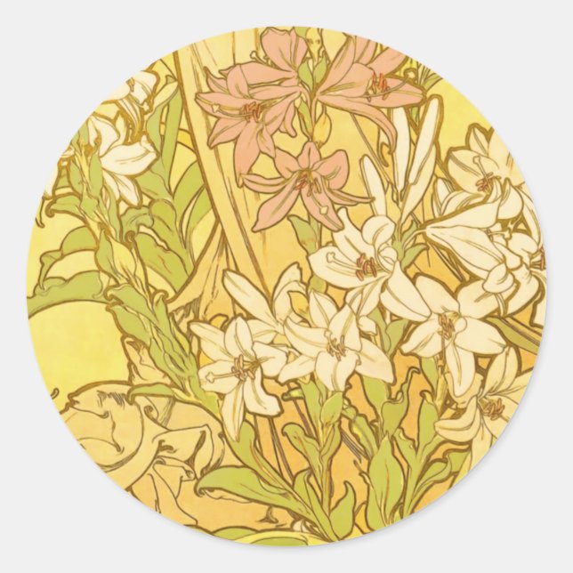 Alfonse Mucha Art Nouveau Lilien Blume Runder Aufkleber (Vorderseite)