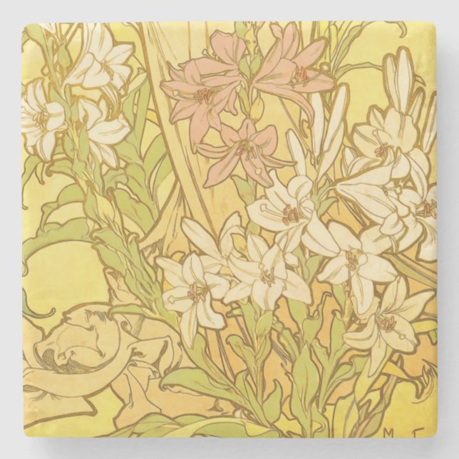 Alfonse Mucha Art Nouveau Lilien Blume Steinuntersetzer (Vorderseite)