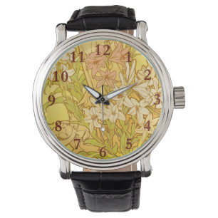 Alfonse Mucha Art Nouveau Lilienblumen Armbanduhr