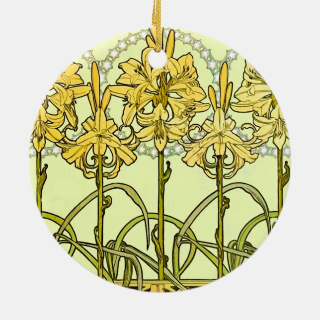 Alfonse Mucha Art Nouveau Lilienmuster Classic Keramik Ornament (Hinten)