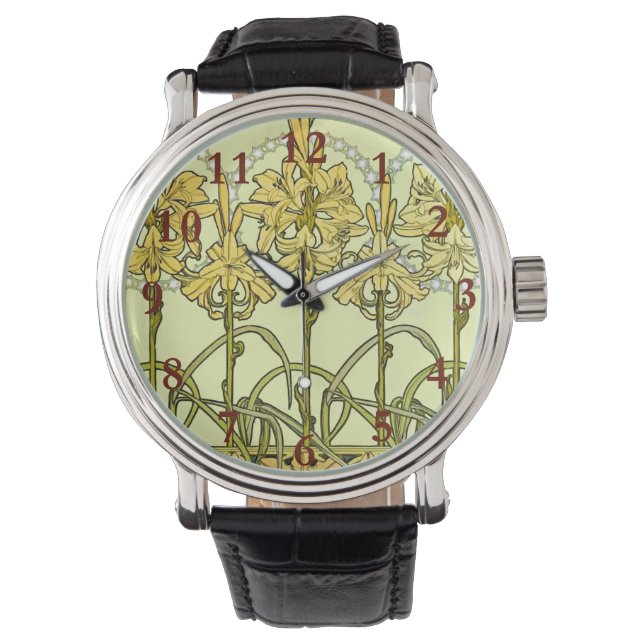 Alfonse Mucha Art Nouveau Lily Floral Pattern Armbanduhr (Vorderseite)