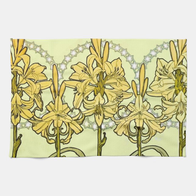 Alfonse Mucha Art Nouveau Lily Floral Pattern Geschirrtuch (Horizontal)