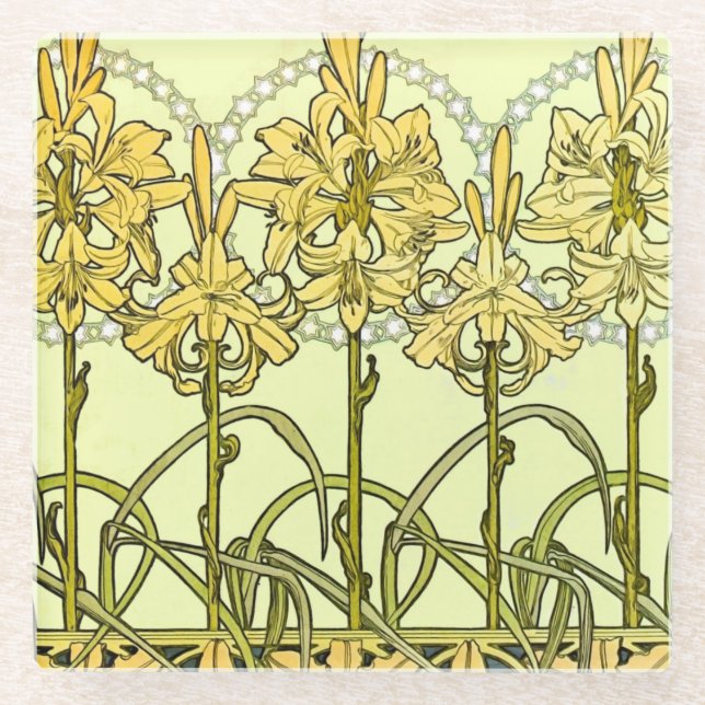 Alfonse Mucha Art Nouveau Lily Floral Pattern Glasuntersetzer (Vorderseite)
